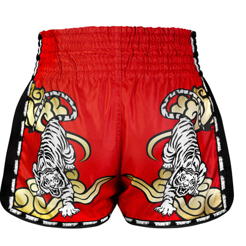 TUFF Muay Thai Boxing Shorts New Retro Style "Red Twin Tiger With Gold Text"