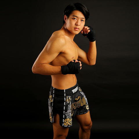 TUFF Muay Thai Boxing Shorts Black Retro Style Double Tiger With Gold Text