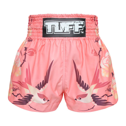 TUFF Muay Thai Boxing Shorts Pink Birds And Roses Inspired by Ancient Drawing, For Boxing Training