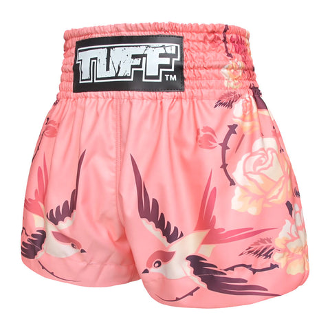 TUFF Muay Thai Boxing Shorts Pink Birds And Roses Inspired by Ancient Drawing, For Boxing Training