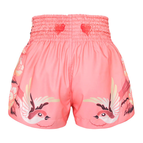 TUFF Muay Thai Boxing Shorts Pink Birds And Roses Inspired by Ancient Drawing, For Boxing Training