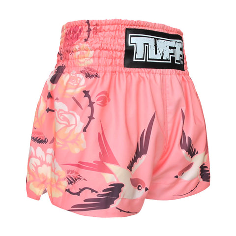 TUFF Muay Thai Boxing Shorts Pink Birds And Roses Inspired by Ancient Drawing, For Boxing Training
