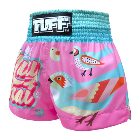 TUFF กางเกงมวยไทย สีชมพูพาสเทล ลายนก